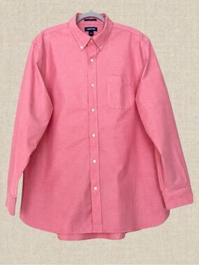 Lands' End Button-Down Dress Shirt Coral Pink No Iron Size XL Long Sleeve